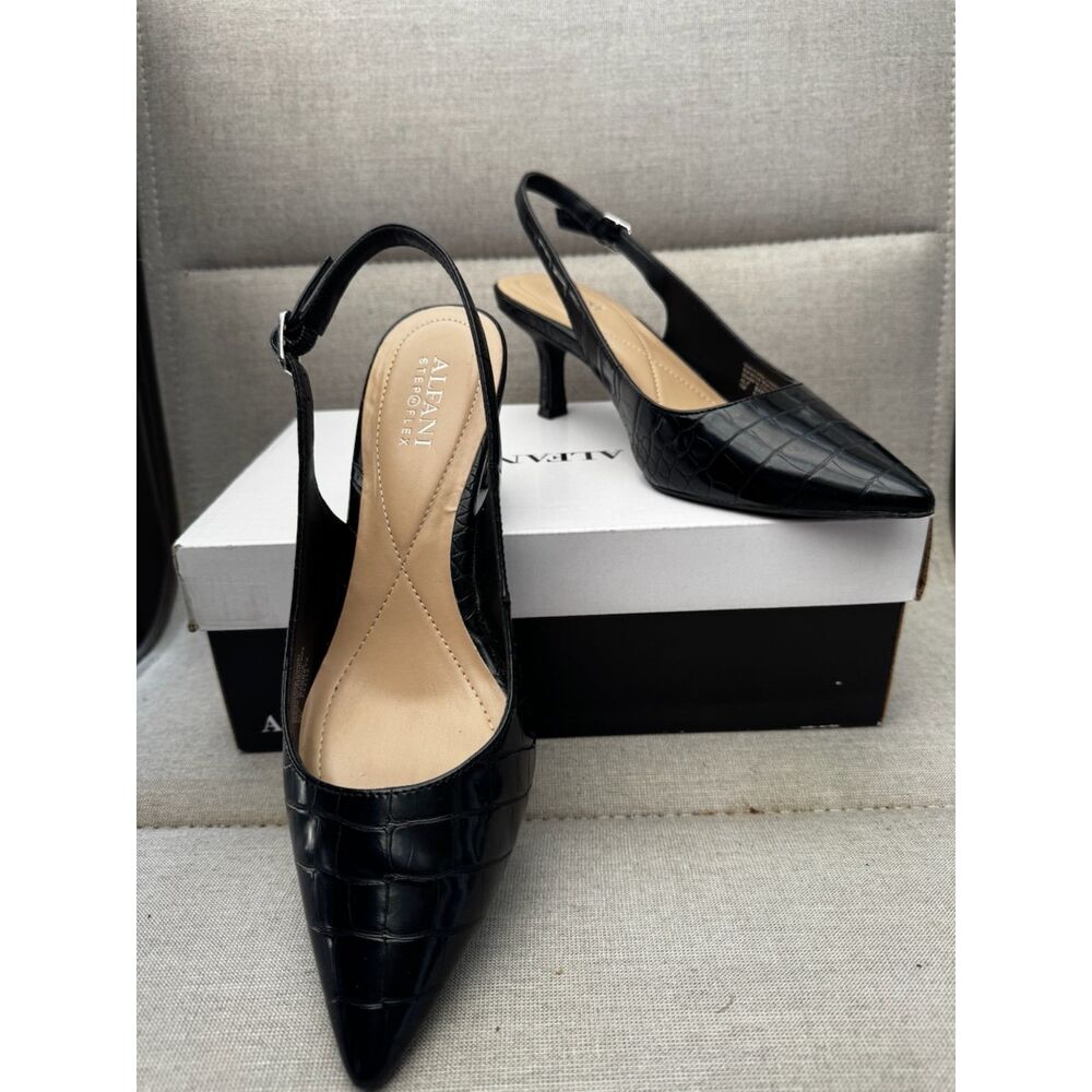 Alfani Step N Flex Babbsy2 Black Croc Slingback Kitten Heel Pumps Size 7